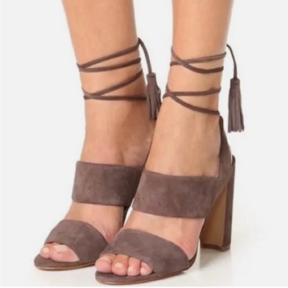 Madewell Shoes - Madewell Octavia Suede Tassel Block Heel Sandals Taupe Brown Fringe Ankle Wrap